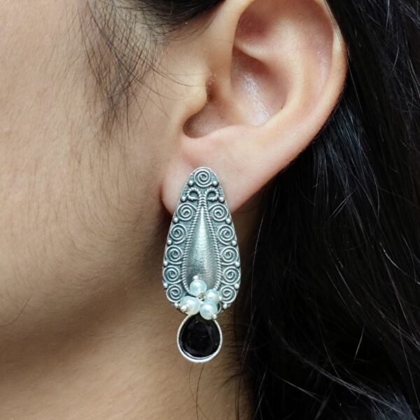 Traditional Oxidized Stud Earrings | Silver Plated Best Floral Art with Stone & Pearl Work - "Black"
