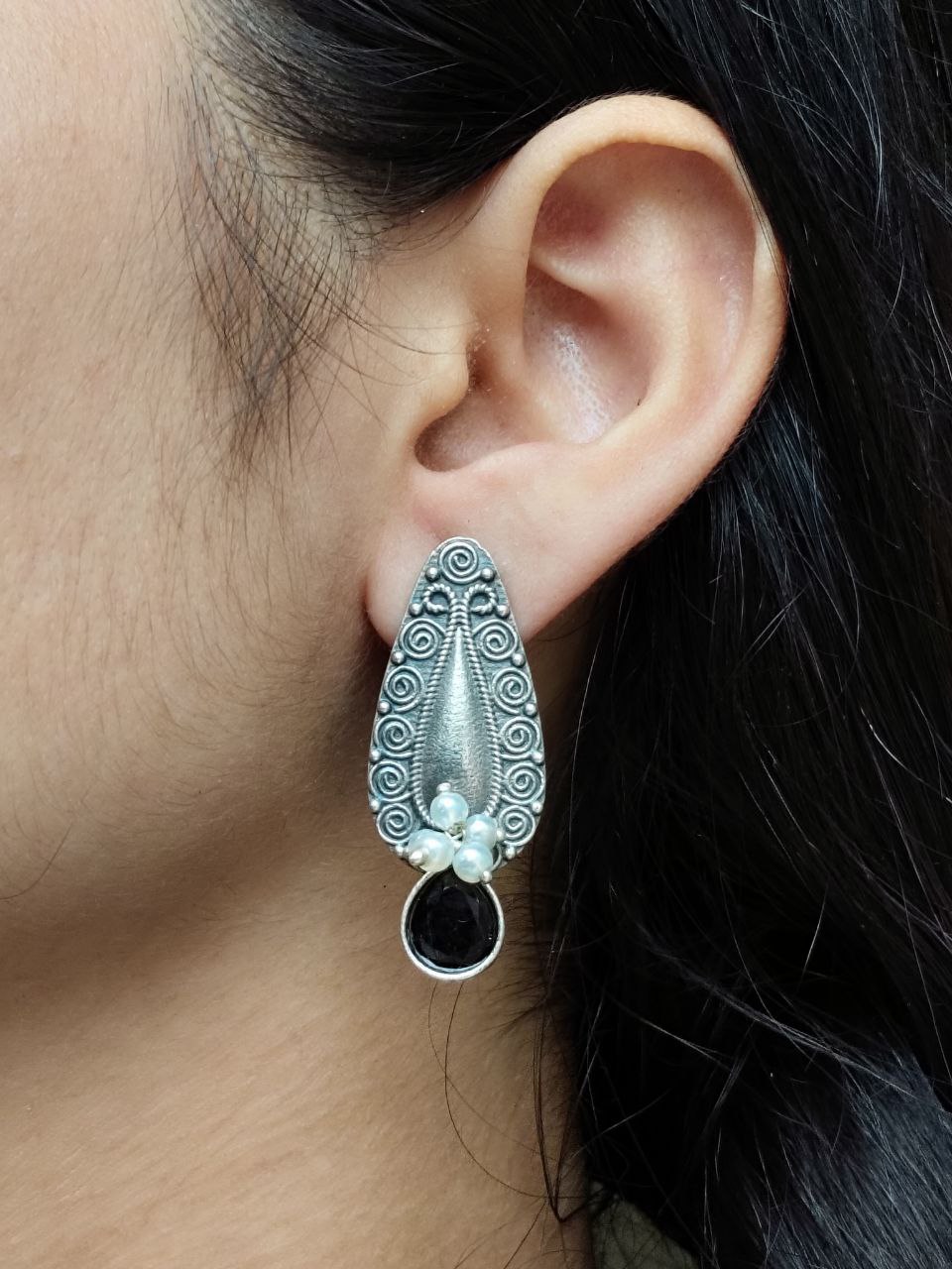 Traditional Oxidized Stud Earrings | Silver Plated Best Floral Art with Stone & Pearl Work - Image 3