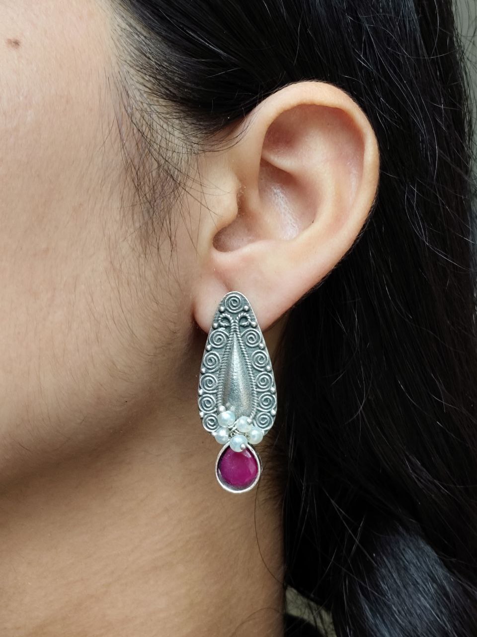 Traditional Oxidized Stud Earrings | Silver Plated Best Floral Art with Stone & Pearl Work - Image 2