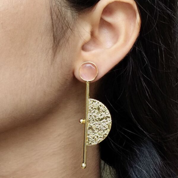Gold Plated Half Circle Earrings | Stone Work Best Floral Art Jewelry for Ethnic & Western Look - "Baby Pink"