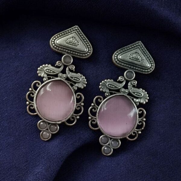 Unique Peacock Stud Earrings | Silver Replica Monalisa Stone Oxidized Jewelry - "Baby Pink"