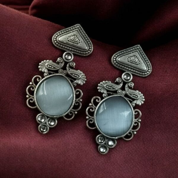 Unique Peacock Stud Earrings | Silver Replica Monalisa Stone Oxidized Jewelry - "Grey"