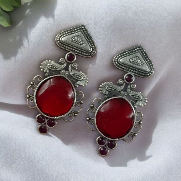 Unique Peacock Stud Earrings | Silver Replica Monalisa Stone Oxidized Jewelry - "Red"
