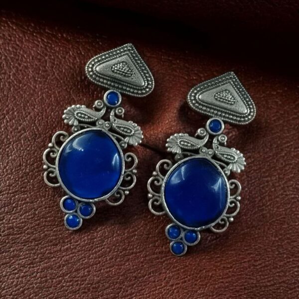 Unique Peacock Stud Earrings | Silver Replica Monalisa Stone Oxidized Jewelry - "Blue"