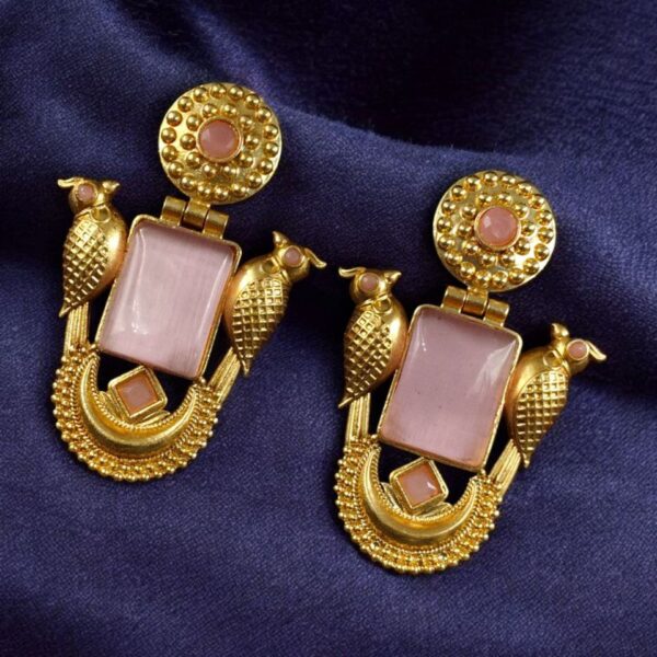 Best Traditional Gold Plated Bird Earrings ? Ethnic Dangler with Vintage Look Jewelry - "Baby Pink"