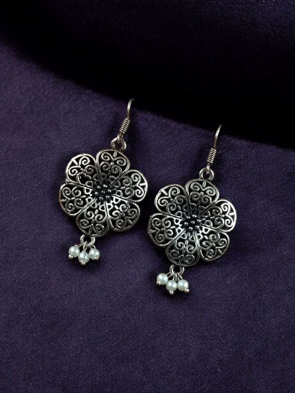 Lightweight German Silver Flower Earrings | Pearl Hook Ethnic Amazing Jewelry - Image 2