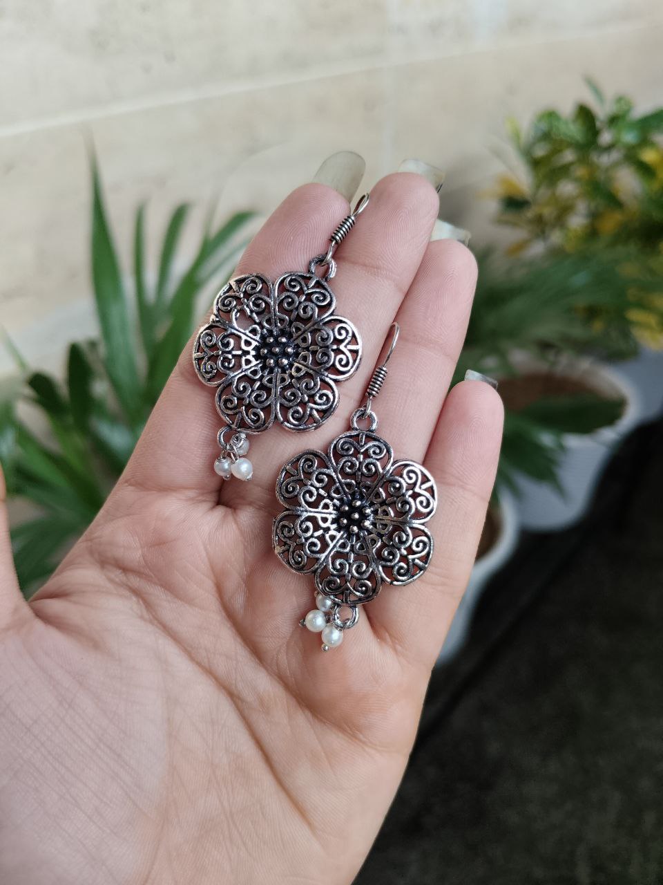 Lightweight German Silver Flower Earrings | Pearl Hook Ethnic Amazing Jewelry - Image 3