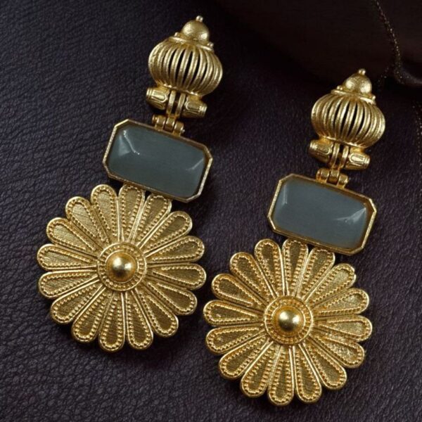 Gold Plated Flower Dangler Earrings | Long Monalisa Stone Vintage Look Best Jewelry - "Grey"