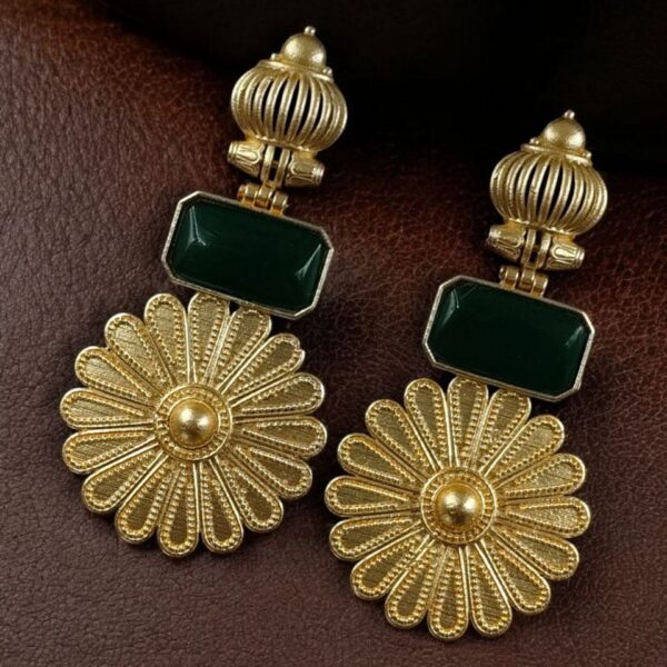 Gold Plated Flower Dangler Earrings | Long Monalisa Stone Vintage Look Best Jewelry - "Green"