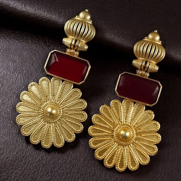 Gold Plated Flower Dangler Earrings | Long Monalisa Stone Vintage Look Best Jewelry - "Red"