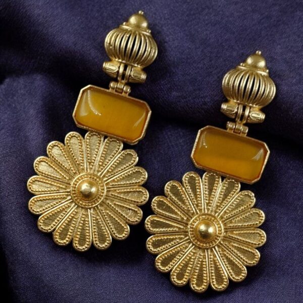 Gold Plated Flower Dangler Earrings | Long Monalisa Stone Vintage Look Best Jewelry - "Yellow"