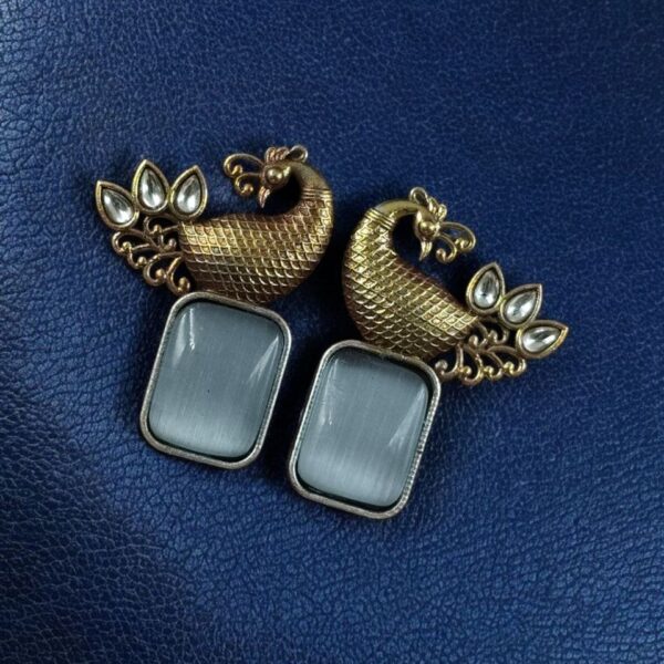 Traditional Look alike Two-Tone Peacock Earrings | Ethnic Stone Work Perfect Jewelry for Women - "Grey"