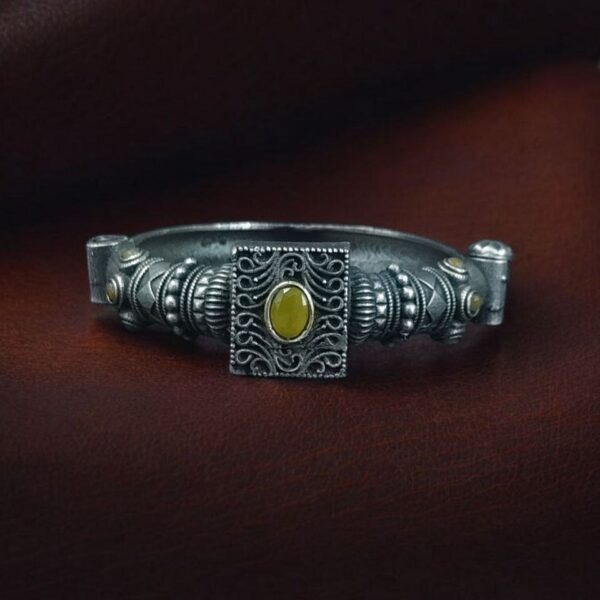 Silver Look Bangle | Free Size Openable Kada | Oxidized Bracelet - "Yellow"