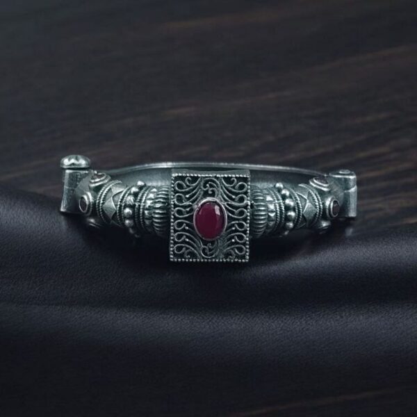 Silver Look Bangle | Free Size Openable Kada | Oxidized Bracelet - "Red"