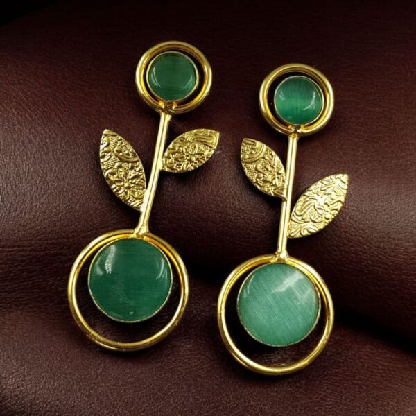 Gold Plated Western Look Earrings | Unique & Ethnic Floral Art with Monalisa Stone Leaf Design - "Mint"