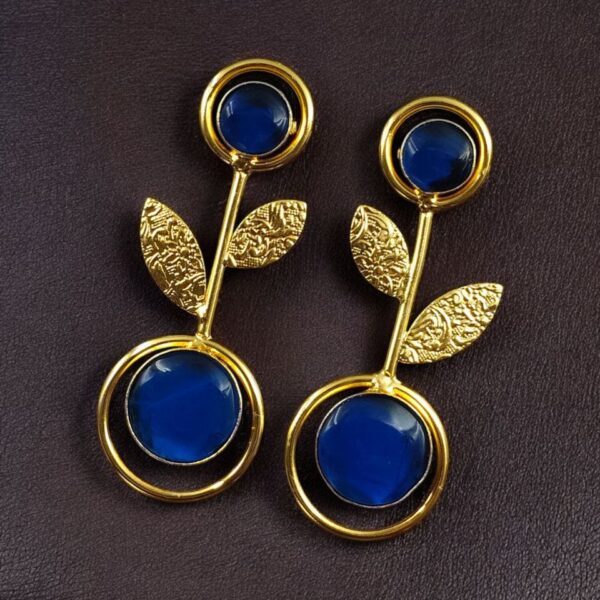 Gold Plated Western Look Earrings | Unique & Ethnic Floral Art with Monalisa Stone Leaf Design - "Blue"