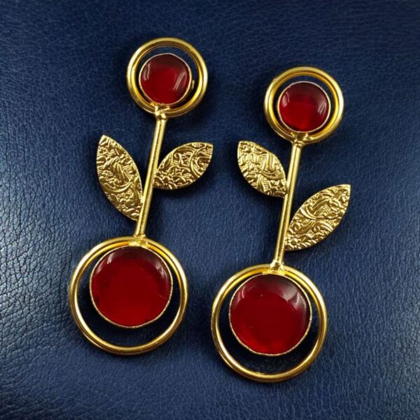 Gold Plated Western Look Earrings | Unique & Ethnic Floral Art with Monalisa Stone Leaf Design - "Red"
