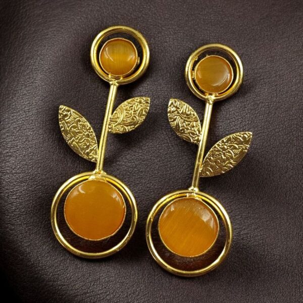 Gold Plated Western Look Earrings | Unique & Ethnic Floral Art with Monalisa Stone Leaf Design - "Yellow"