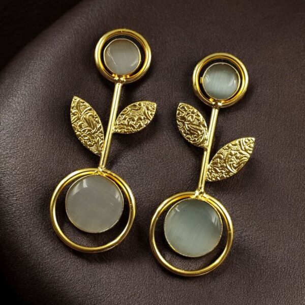 Gold Plated Western Look Earrings | Unique & Ethnic Floral Art with Monalisa Stone Leaf Design - "Grey"