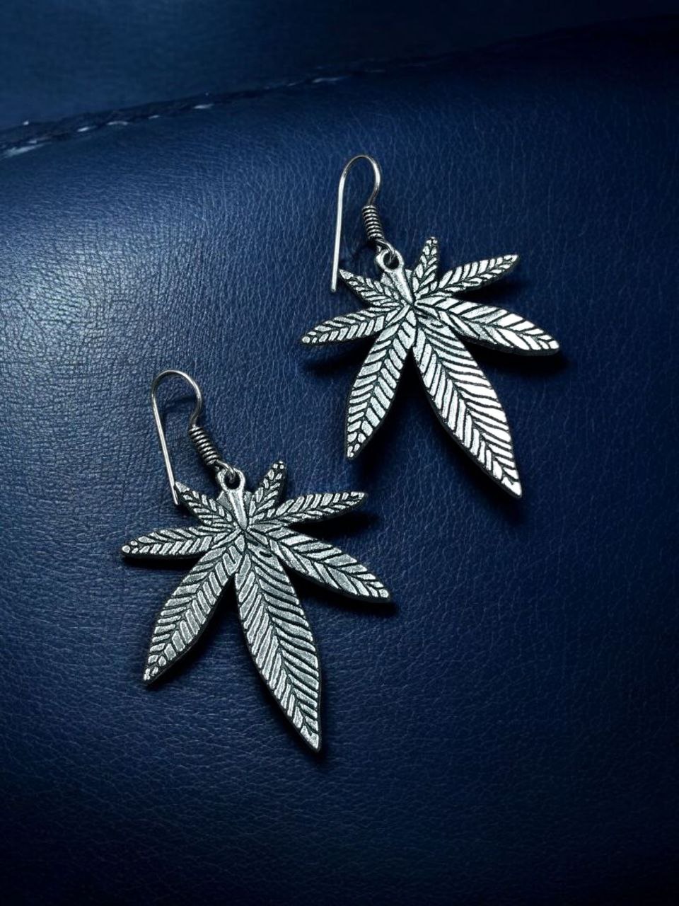 Oxidized Long Leaf Earrings | Unique Silver Plated Hook Dangler Design - Image 4