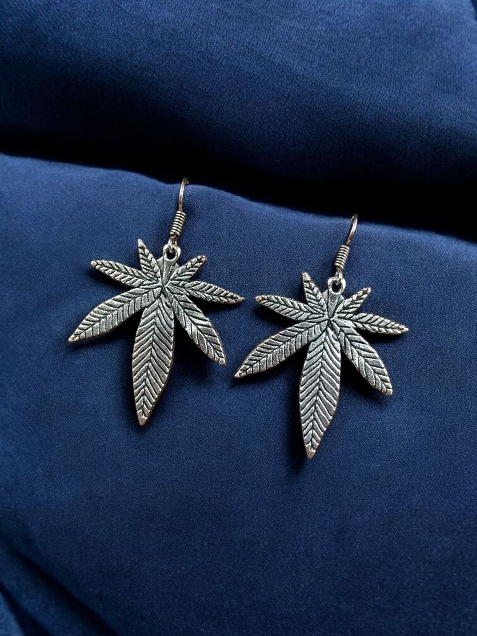 Oxidized Long Leaf Earrings | Unique Silver Plated Hook Dangler Design - Image 2