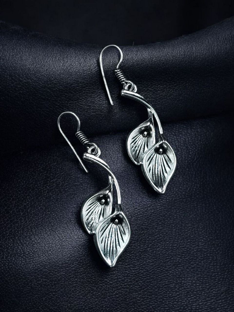 Stylish German Silver Unique Leaf Earrings | Oxidized Hook Dangler Jewelry for Women - Image 3