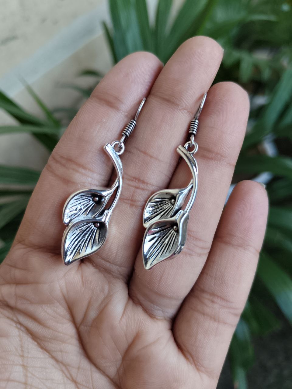 Stylish German Silver Unique Leaf Earrings | Oxidized Hook Dangler Jewelry for Women - Image 2