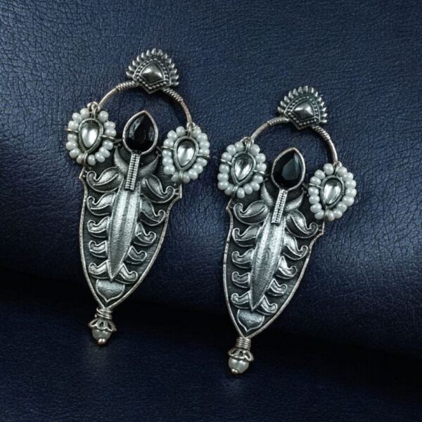 Traditional Oxidized Silver Plated Stud Earrings | Stone & Pearl Work Perfect Gift For Her - "Black-White"