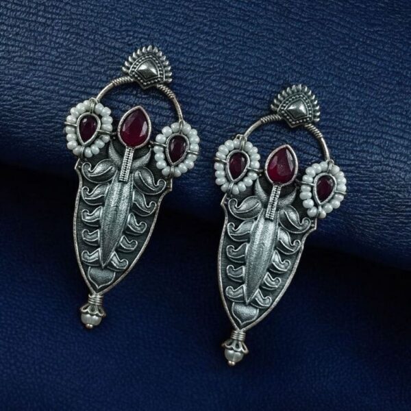 Traditional Oxidized Silver Plated Stud Earrings | Stone & Pearl Work Perfect Gift For Her - "Pink"