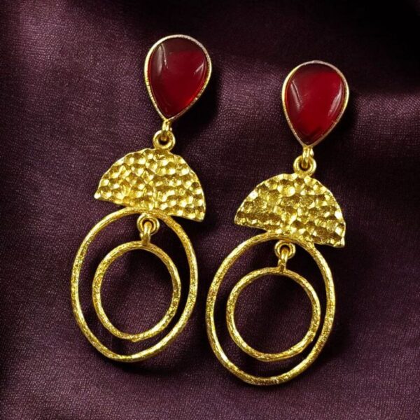 Gold Plated Unique Dangler Earrings | Stone Vintage Look Jewelry for Women - "Red"