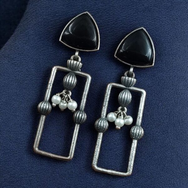 Statement Geometric Dangler Earrings with Pearl Work | Antique Silver Finish Oxidized Unique Jewelry - "Black"