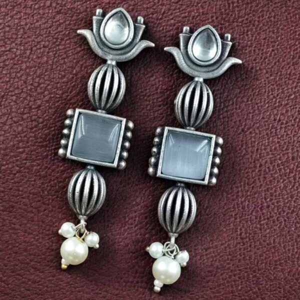 Antique Silver Look Lotus Earrings | Ethnic Stud Stone & Pearl Detailing Perfect Gift For Her - "Grey"