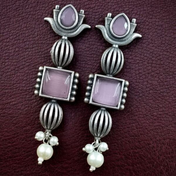 Antique Silver Look Lotus Earrings | Ethnic Stud Stone & Pearl Detailing Perfect Gift For Her - "Baby Pink"