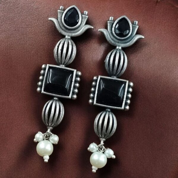 Antique Silver Look Lotus Earrings | Ethnic Stud Stone & Pearl Detailing Perfect Gift For Her - "Black"