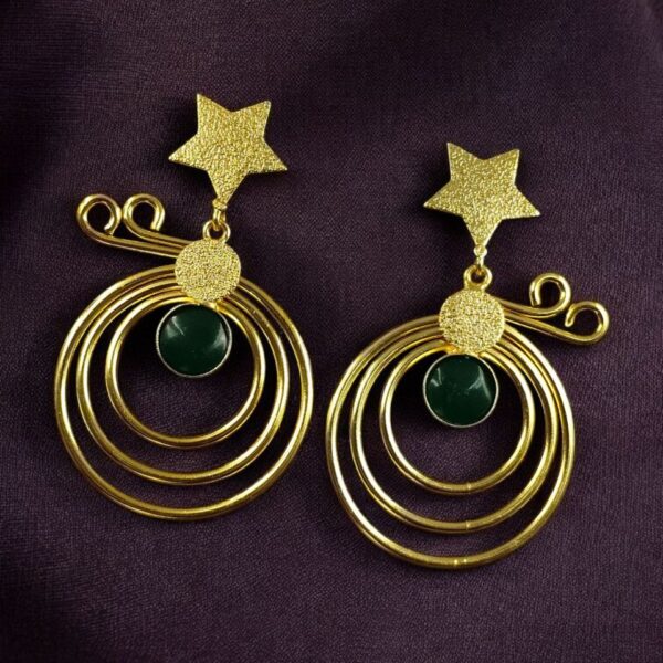 Unique Design Star Earrings | Gold Plated Geometric Stone Dangler Jewelry Gift For Her - "Green"