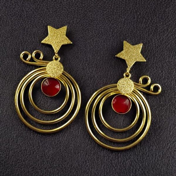 Unique Design Star Earrings | Gold Plated Geometric Stone Dangler Jewelry Gift For Her - "Red"