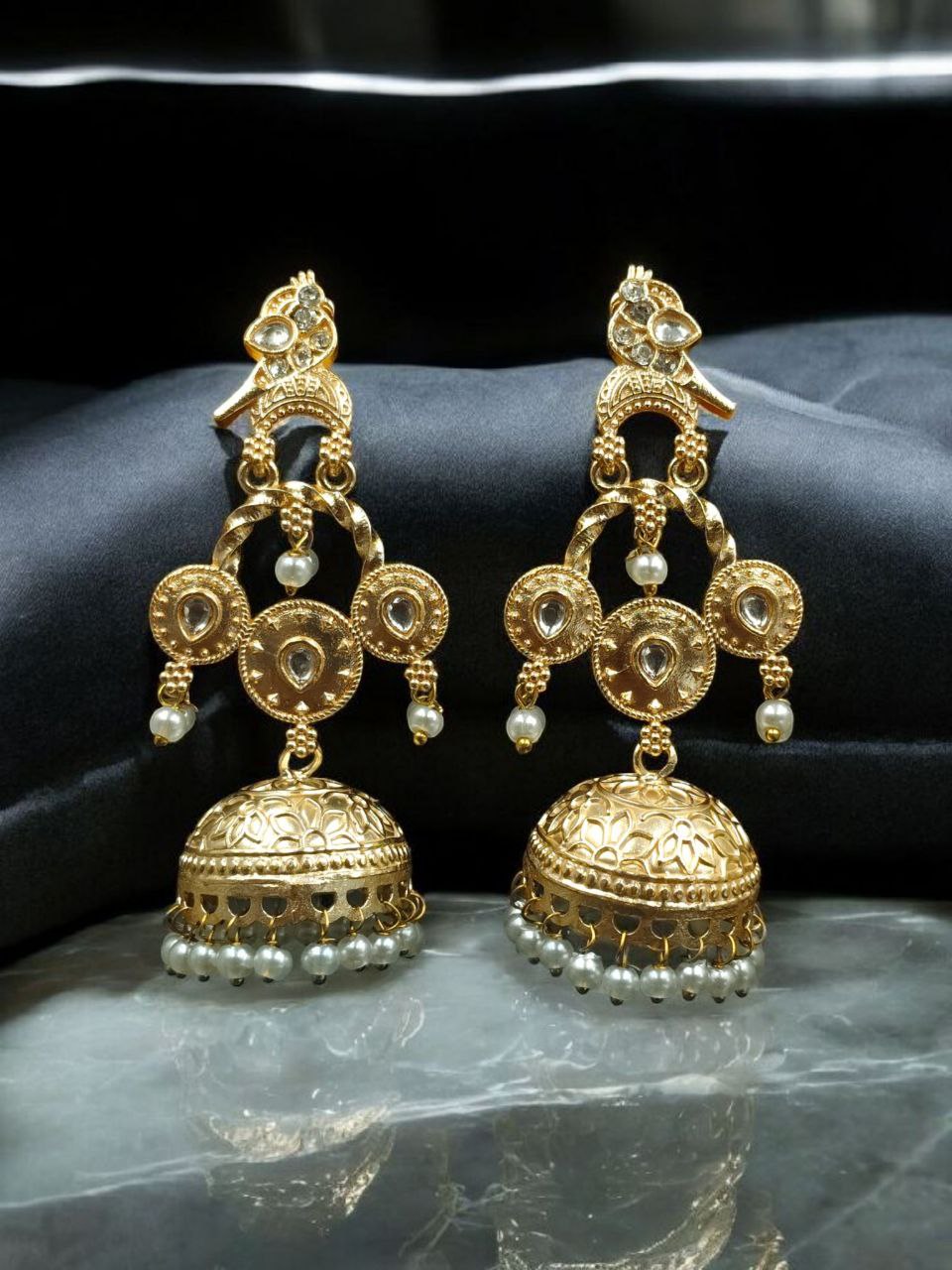 Unique Gold Plated Bird Dangler Earrings | Ethnic Stone & Pearl Work Beautiful Jewelry For Girls - Image 3