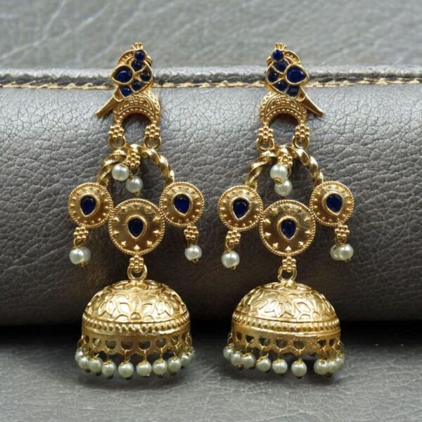 Unique Gold Plated Bird Dangler Earrings | Ethnic Stone & Pearl Work Beautiful Jewelry For Girls - "Blue"