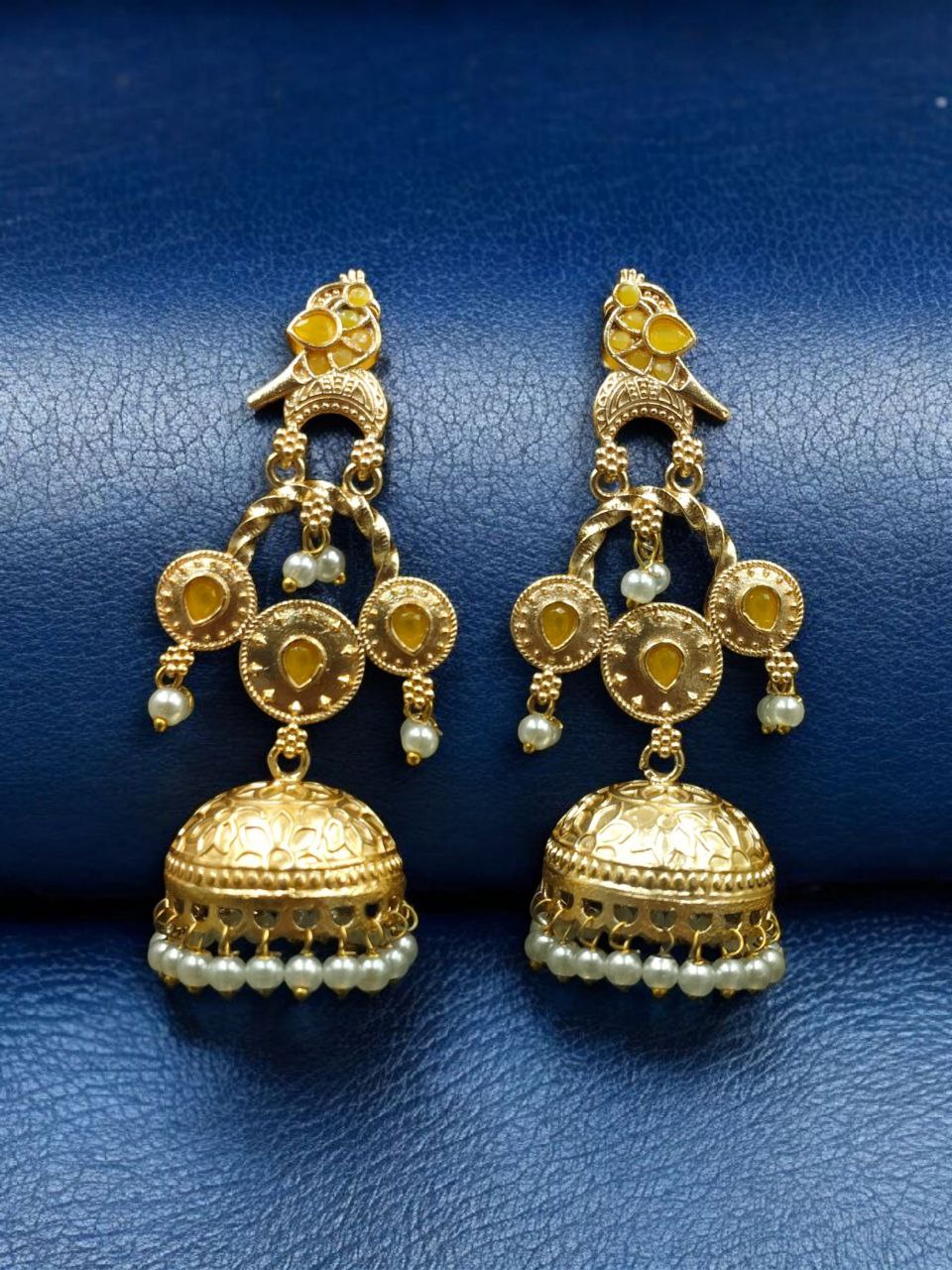 Unique Gold Plated Bird Dangler Earrings | Ethnic Stone & Pearl Work Beautiful Jewelry For Girls - Image 6