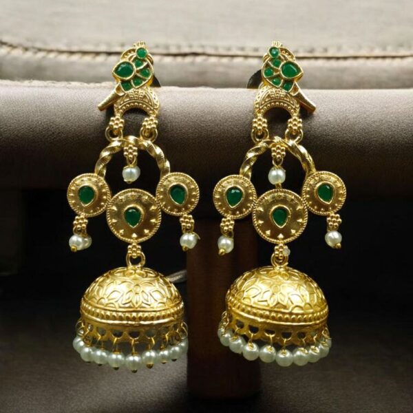 Unique Gold Plated Bird Dangler Earrings | Ethnic Stone & Pearl Work Beautiful Jewelry For Girls - "Green"
