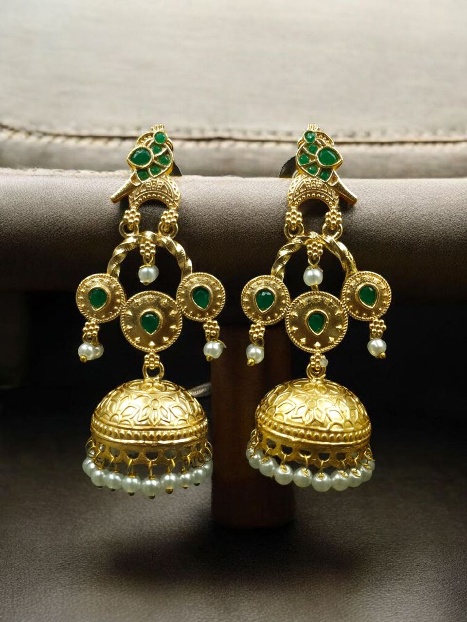 Unique Gold Plated Bird Dangler Earrings | Ethnic Stone & Pearl Work Beautiful Jewelry For Girls - Image 8