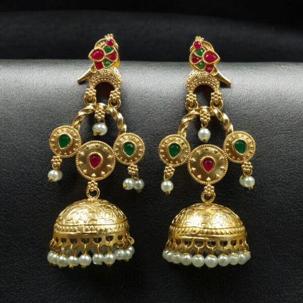 Unique Gold Plated Bird Dangler Earrings | Ethnic Stone & Pearl Work Beautiful Jewelry For Girls - "Red-Green"