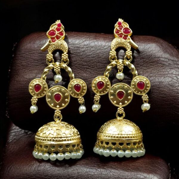 Unique Gold Plated Bird Dangler Earrings | Ethnic Stone & Pearl Work Beautiful Jewelry For Girls - "Red"
