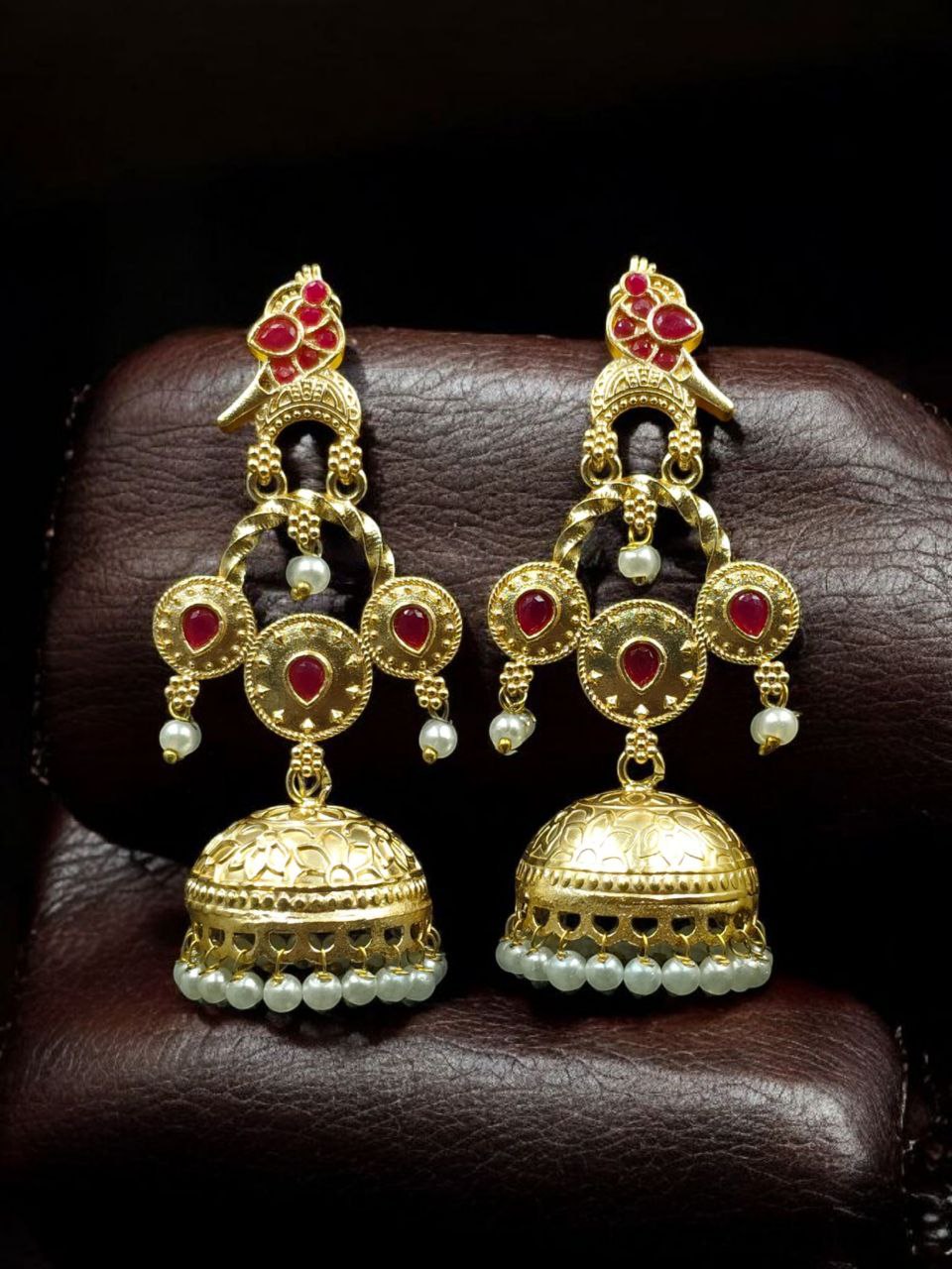 Unique Gold Plated Bird Dangler Earrings | Ethnic Stone & Pearl Work Beautiful Jewelry For Girls - Image 2
