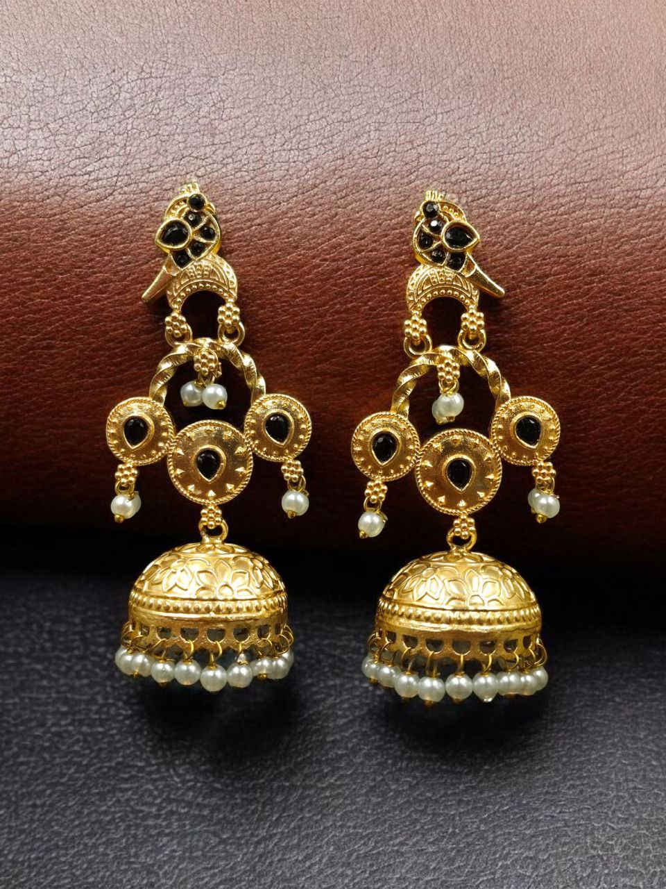 Unique Gold Plated Bird Dangler Earrings | Ethnic Stone & Pearl Work Beautiful Jewelry For Girls - Image 9
