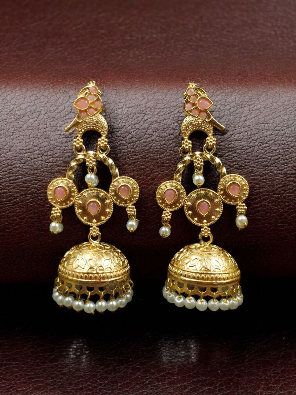 Unique Gold Plated Bird Dangler Earrings | Ethnic Stone & Pearl Work Beautiful Jewelry For Girls - Image 4