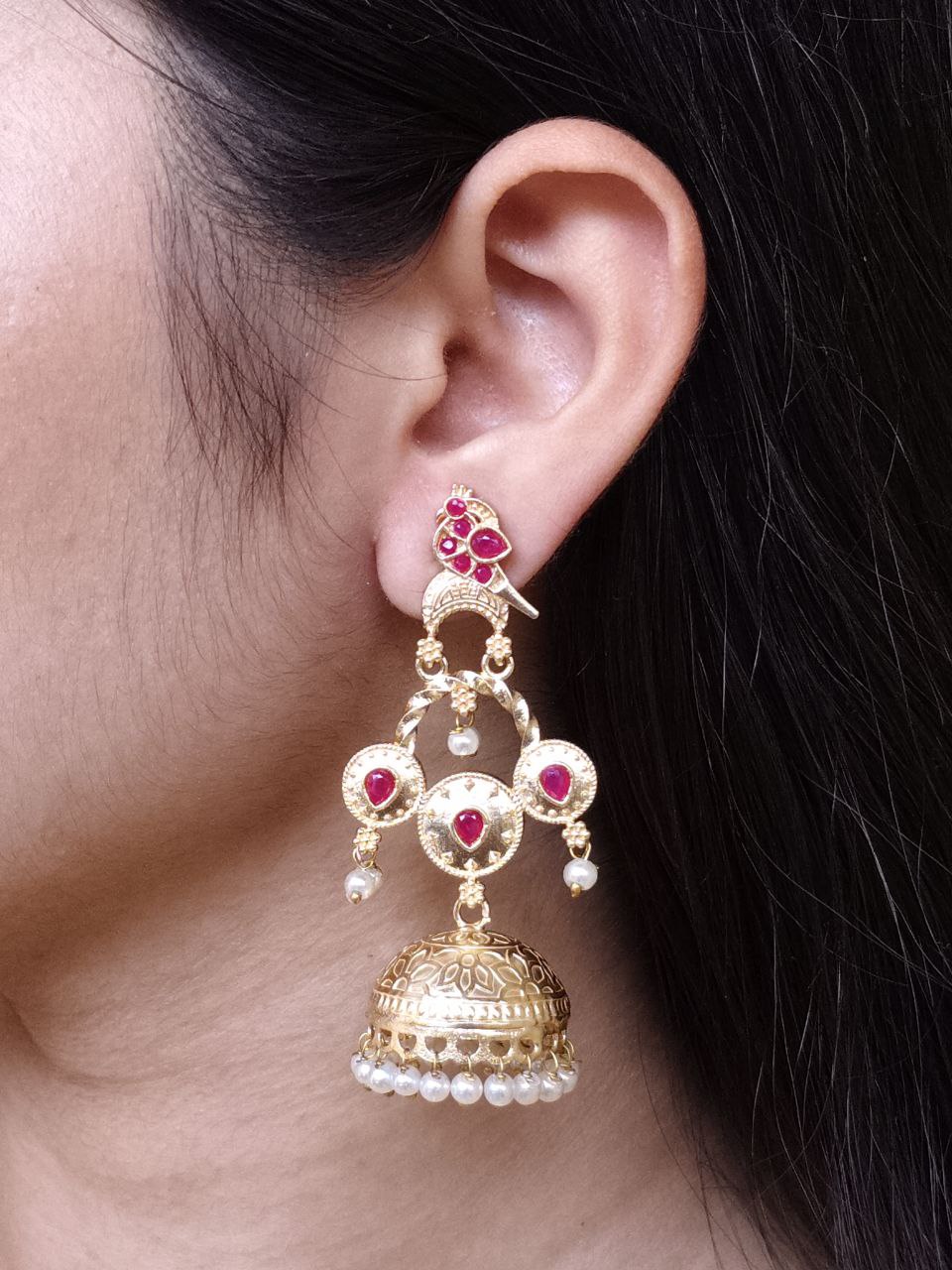 Unique Gold Plated Bird Dangler Earrings | Ethnic Stone & Pearl Work Beautiful Jewelry For Girls