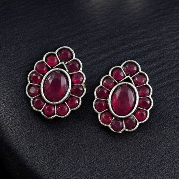 Silver Replica Daily Wear Stud Earrings | Stone Work Beautiful Jewelry for Girls - "Red"