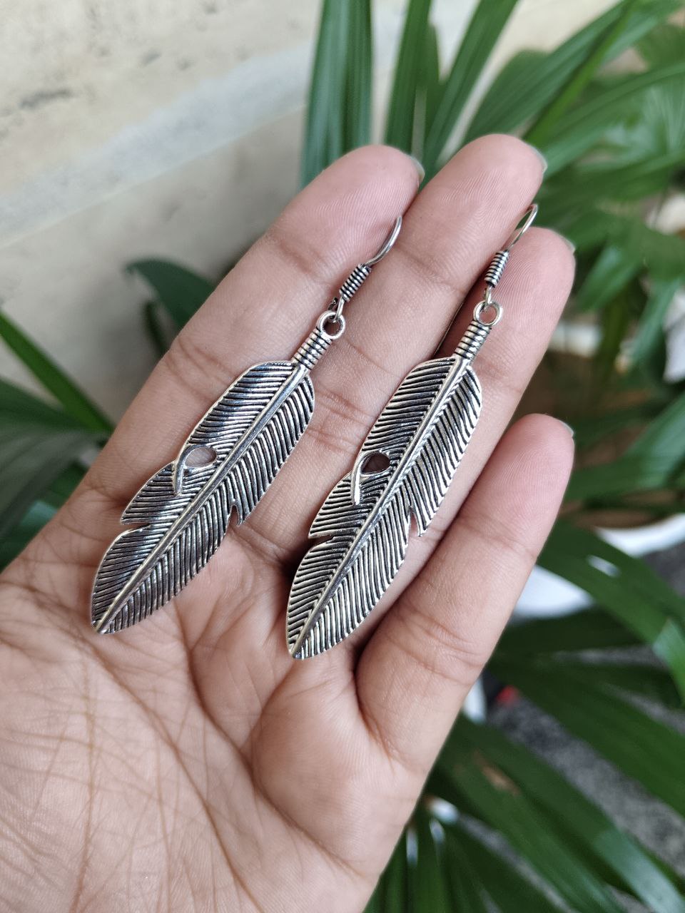 Oxidised Feather Design Earrings | German Silver Lightweight Dangler Best Jewelry for Women - Image 2