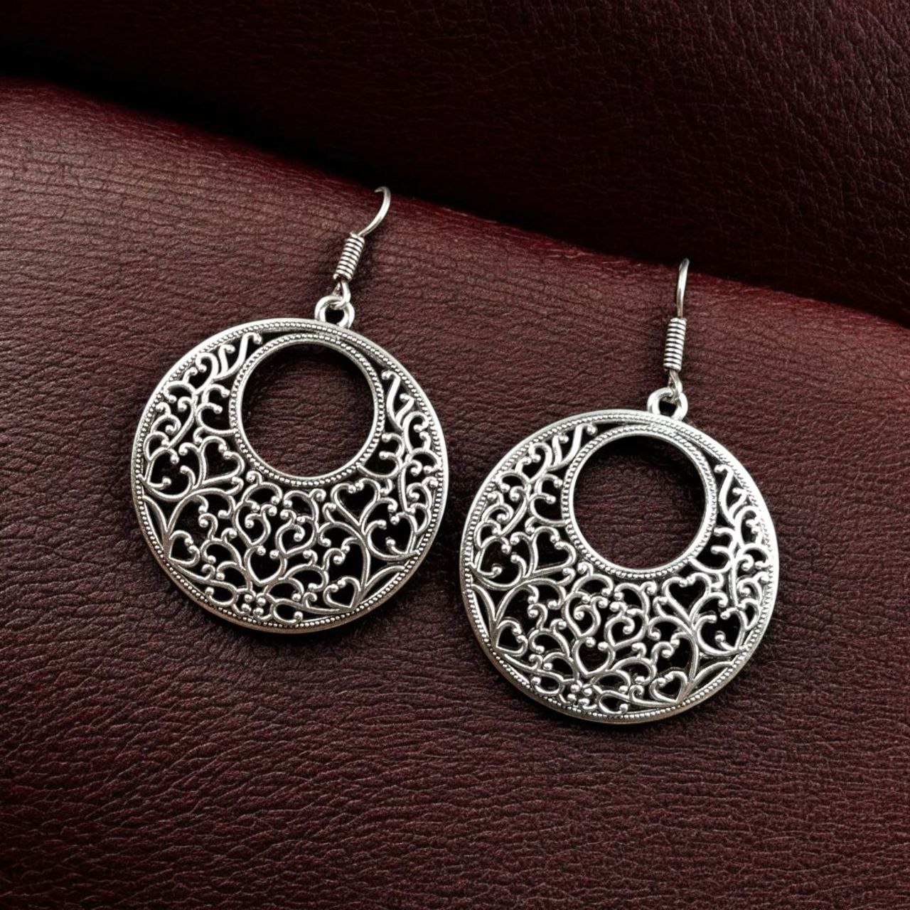 German Silver Floral Art Circle Dangler Earrings | Ethnic Hook Style Unique Jewelry For Girls - Image 2